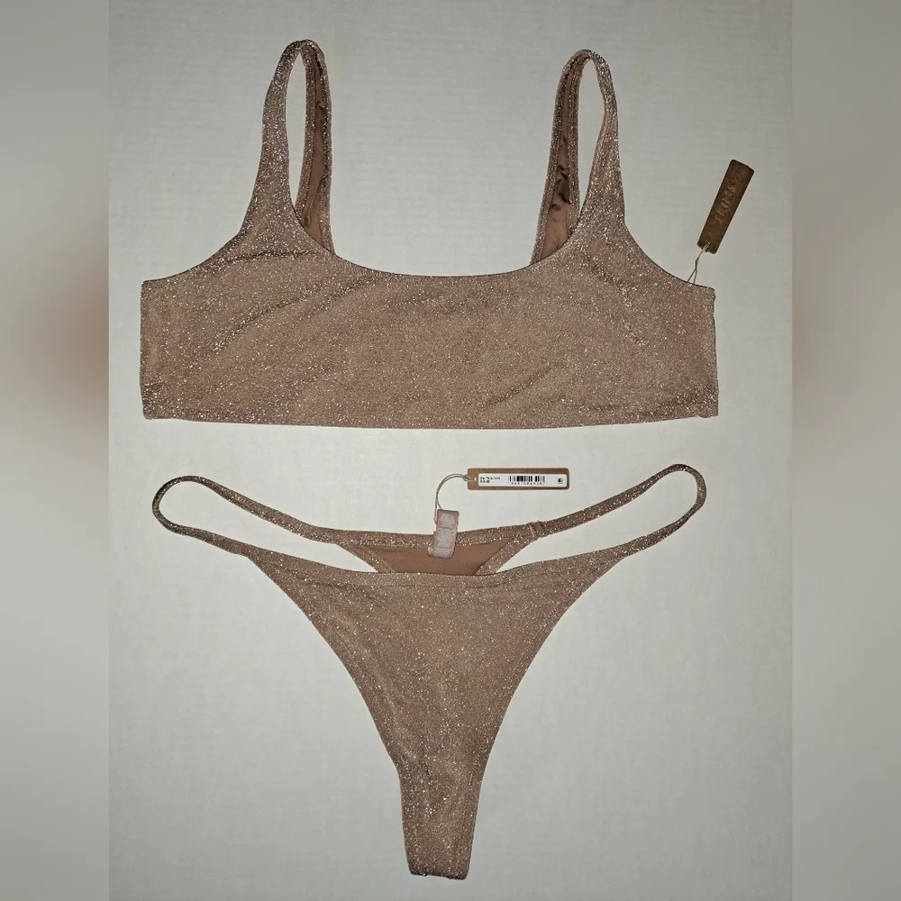 ❤️NWT SKIMS 2 Piece Glitter Swim Scoop neck top thong Bikini Set Nude SIENNA 3X